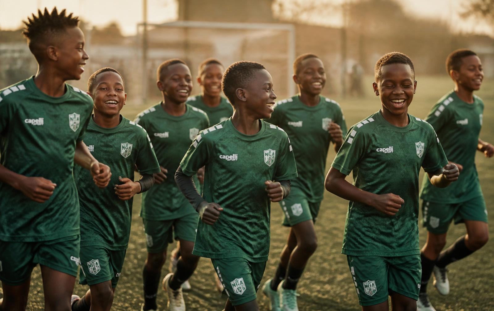 Young academy players laughing during golden hour training